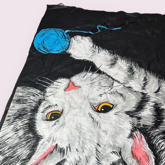 Vintage Cat Playing With Yarn Unfinished Edge Black Background Fabric 44” x 44” - Picture 3 of 9